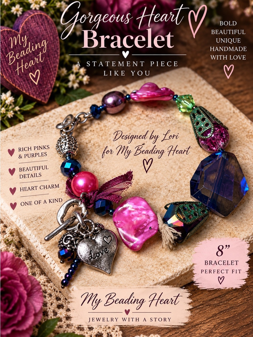Elegant Pink and Purple Beaded Bracelet with Heart Charm 8” this is a statement.